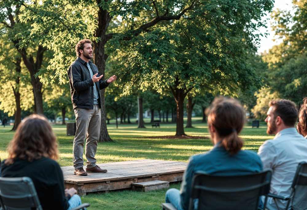 Profissional conduzindo uma palestra em um evento corporativo realizado em &aacute;rea verde com plateia ao ar livre.