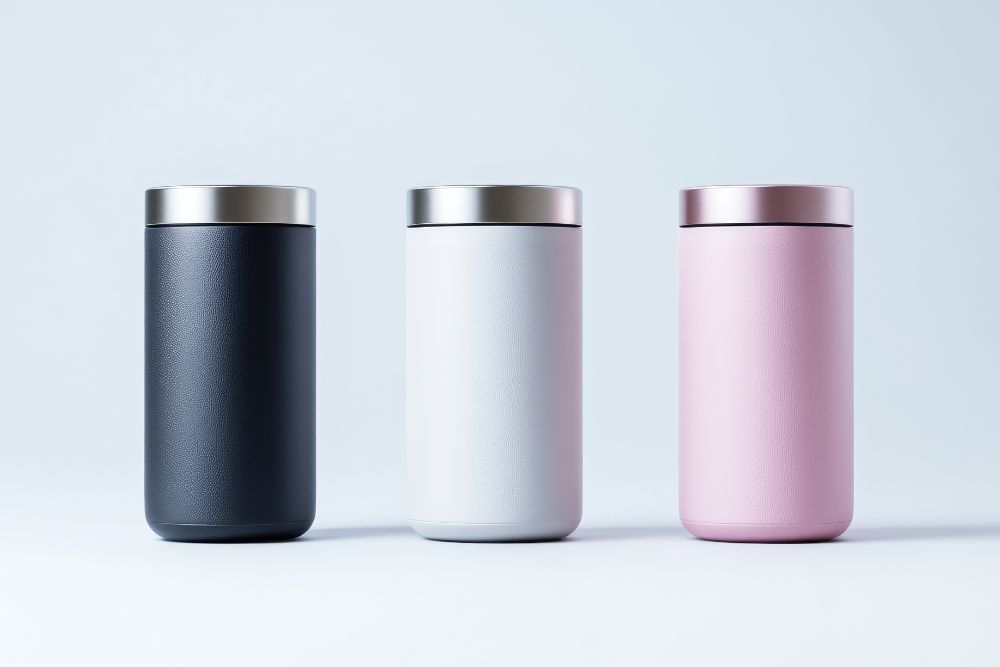 Lembrancinha de casamento personalizada: copos t&eacute;rmicos minimalistas nas cores azul marinho, branco e rosa com tampa met&aacute;lica em fundo infinito.