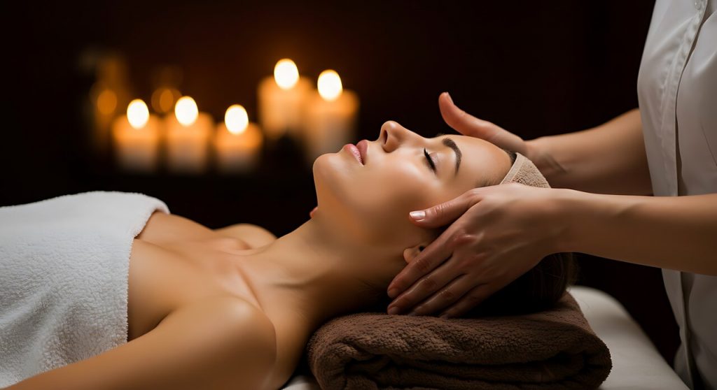 Uma mulher relaxa durante um tratamento facial ou massagem em um ambiente de spa luxuoso à luz de velas. Ela está deitada com os olhos fechados, com uma toalha branca felpuda cobrindo o corpo e a cabeça apoiada em uma toalha marrom dobrada. As mãos de uma profissional realizam movimentos suaves em seu rosto. O fundo é escuro, destacado apenas pelo brilho suave de várias velas acesas.