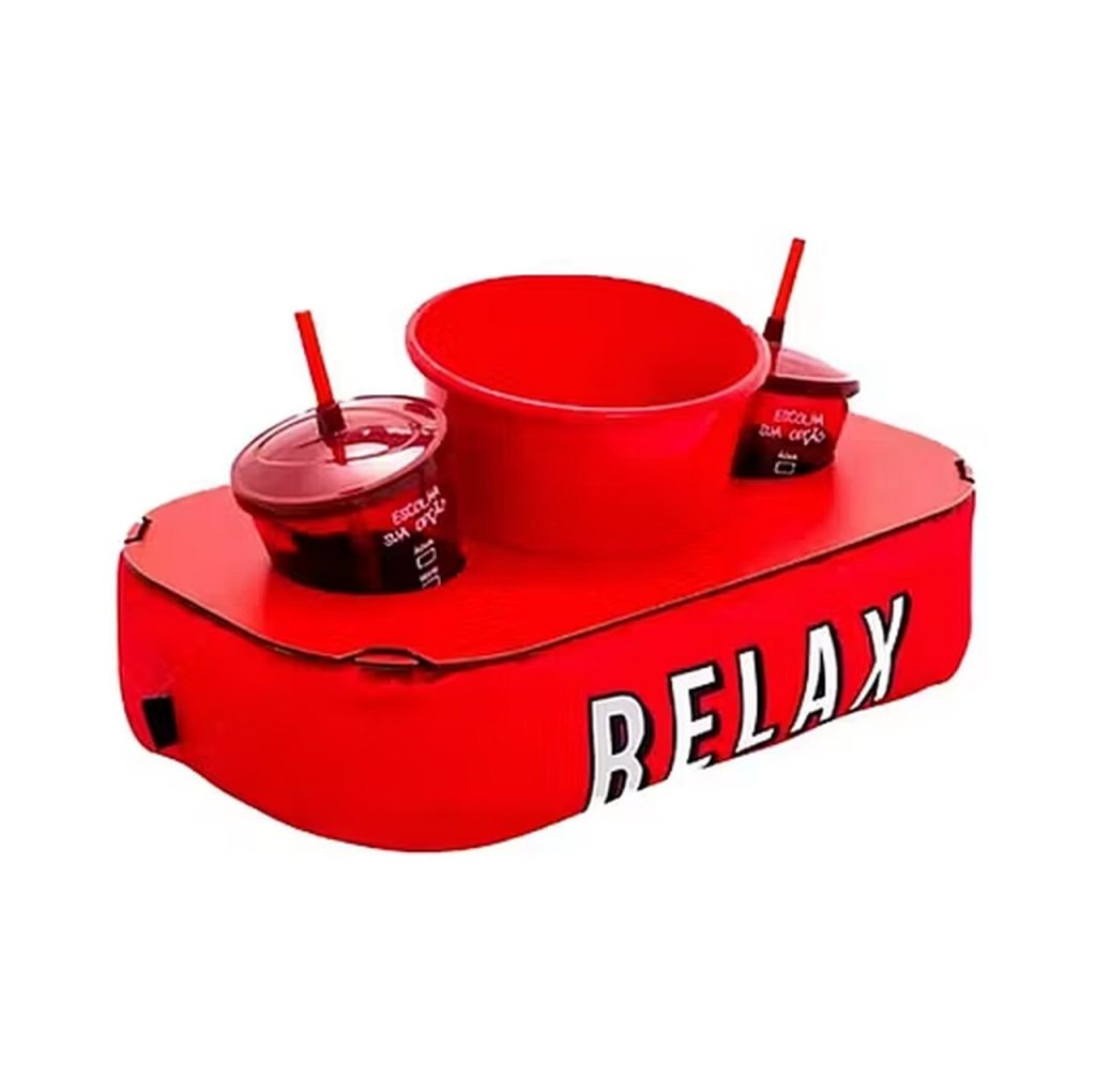 Kit pipoca personalizado com balde vermelho, copos com canudo e design relax para a&ccedil;&otilde;es promocionais