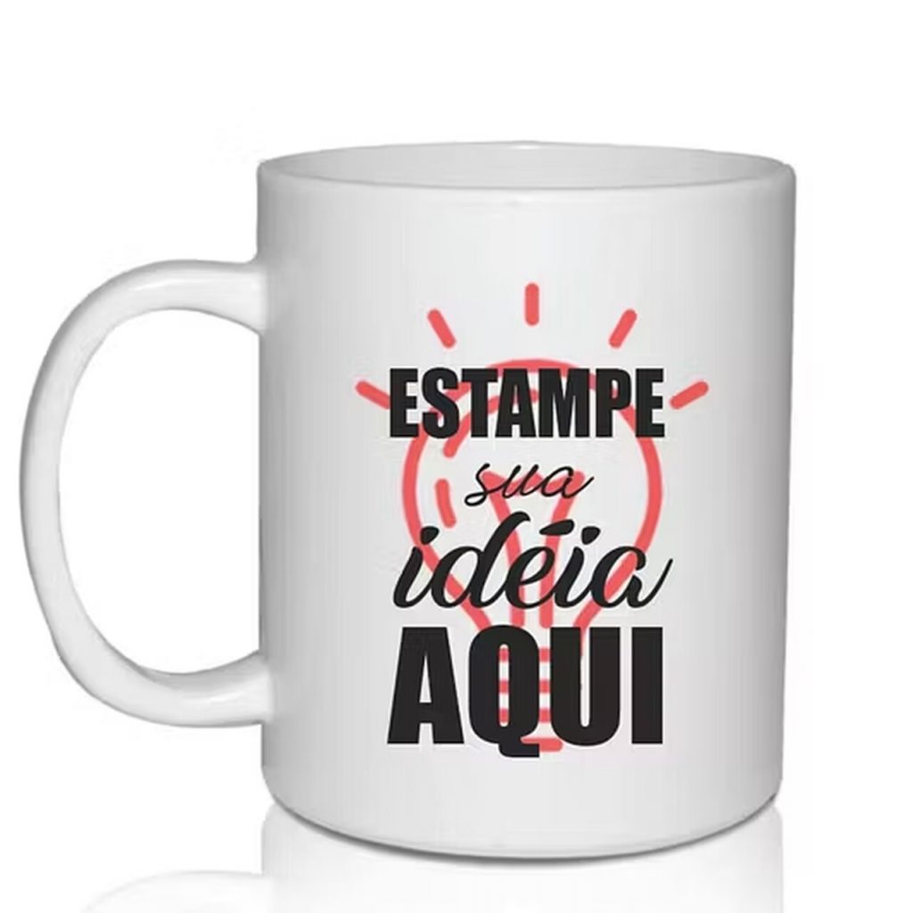 Caneca personalizada branca como lembrancinha &uacute;til, com estampa de frase criativa e design moderno para brindes promocionais.