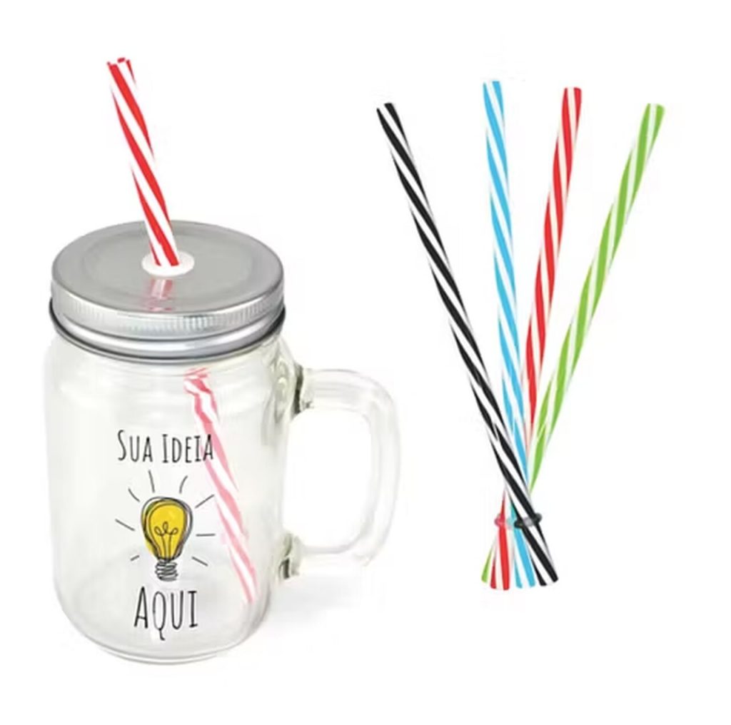 Copo de vidro personalizado com tampa metálica e canudo colorido, brinde promocional criativo para empresas