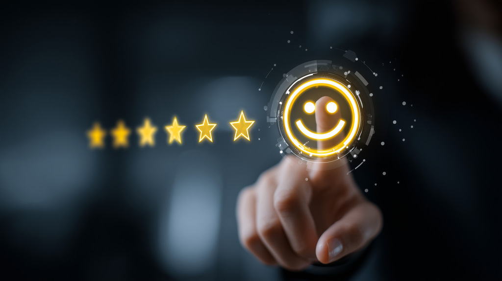 essoa interagindo com interface digital de avalia&ccedil;&atilde;o, selecionando &iacute;cone de sorriso e cinco estrelas de satisfa&ccedil;&atilde;o.