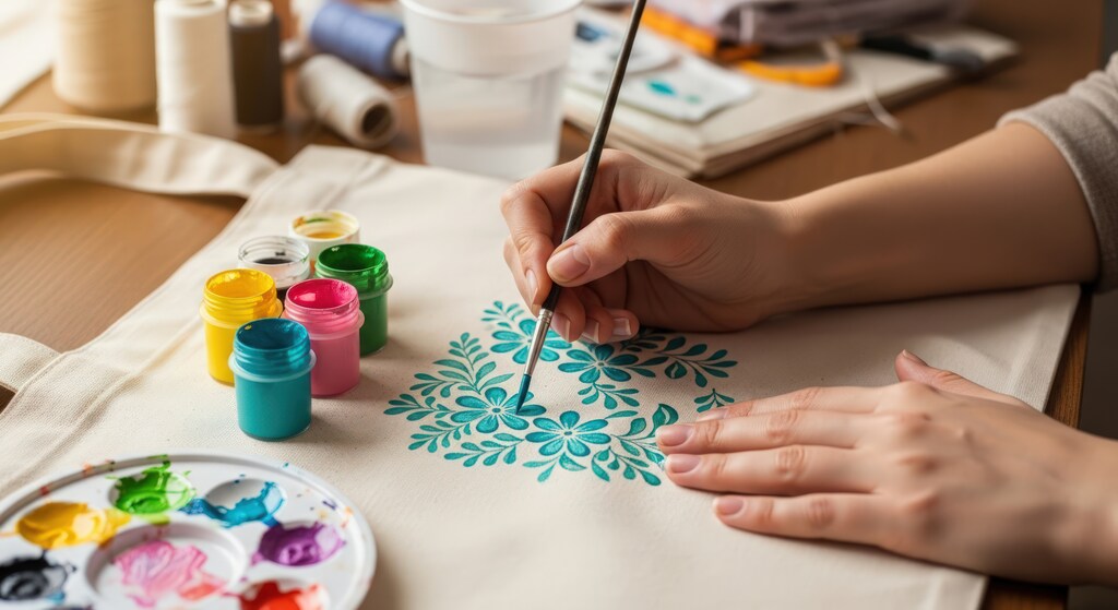 M&atilde;o de artes&atilde; pintando flores azuis em uma ecobag de algod&atilde;o, demonstrando o processo de personaliza&ccedil;&atilde;o de produtos artesanais