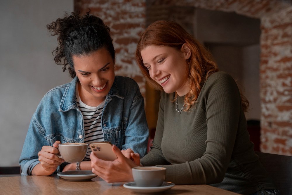 Amigas sentadas em cafeteria, sorrindo e olhando o celular enquanto tomam caf&eacute;, cen&aacute;rio ideal para inspirar frases para x&iacute;caras de caf&eacute; em momentos de conex&atilde;o.