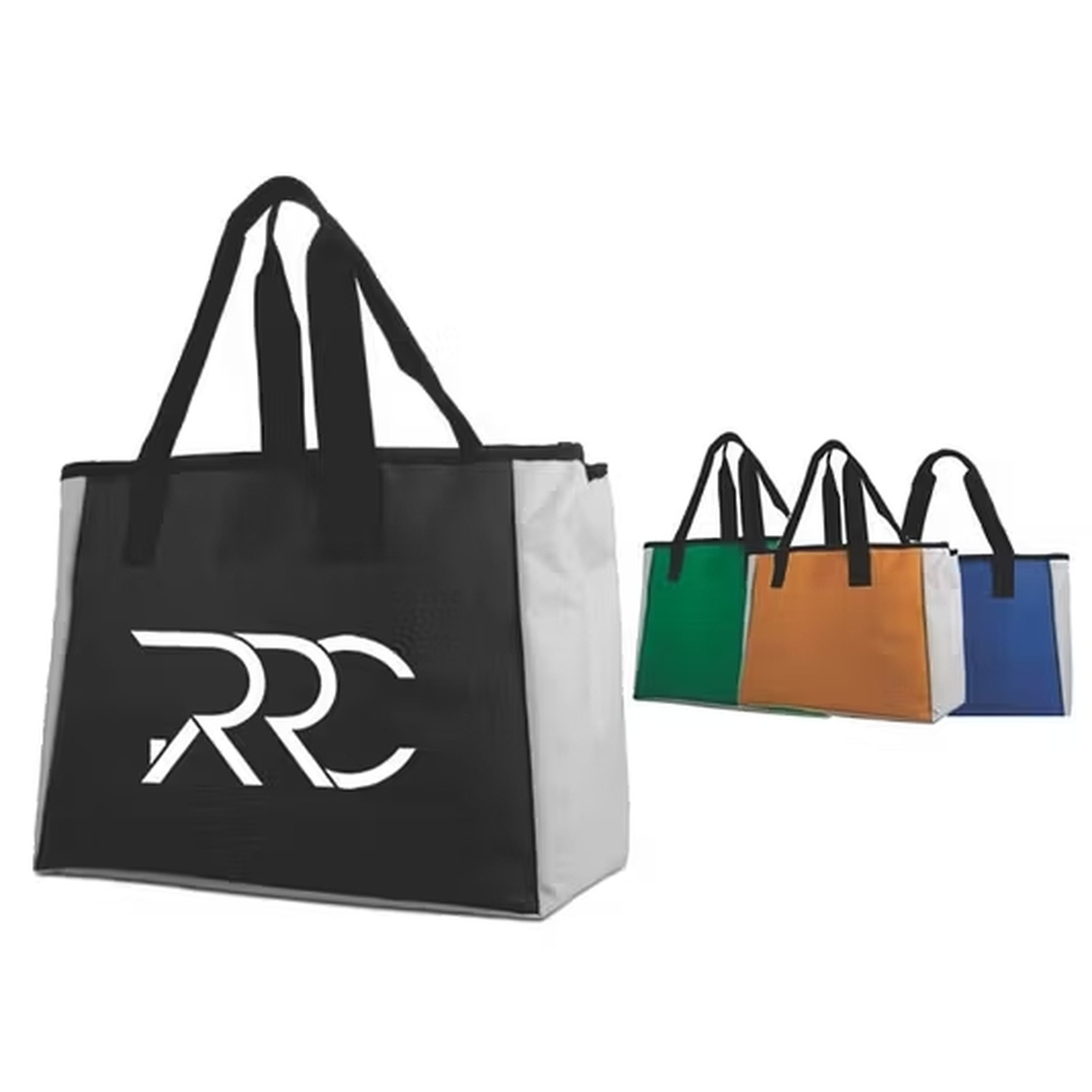Bolsa t&eacute;rmica ecol&oacute;gica com al&ccedil;as refor&ccedil;adas, modelo preto com laterais cinza e estampa personalizada na frente. Ao fundo, vers&otilde;es da mesma bolsa nas cores verde, laranja e azul.