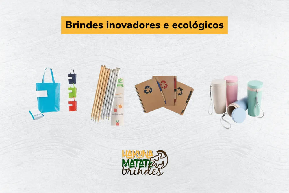 Brindes inovadores e ecol&oacute;gicos com ecobags, cadernos recicl&aacute;veis e itens reutiliz&aacute;veis.