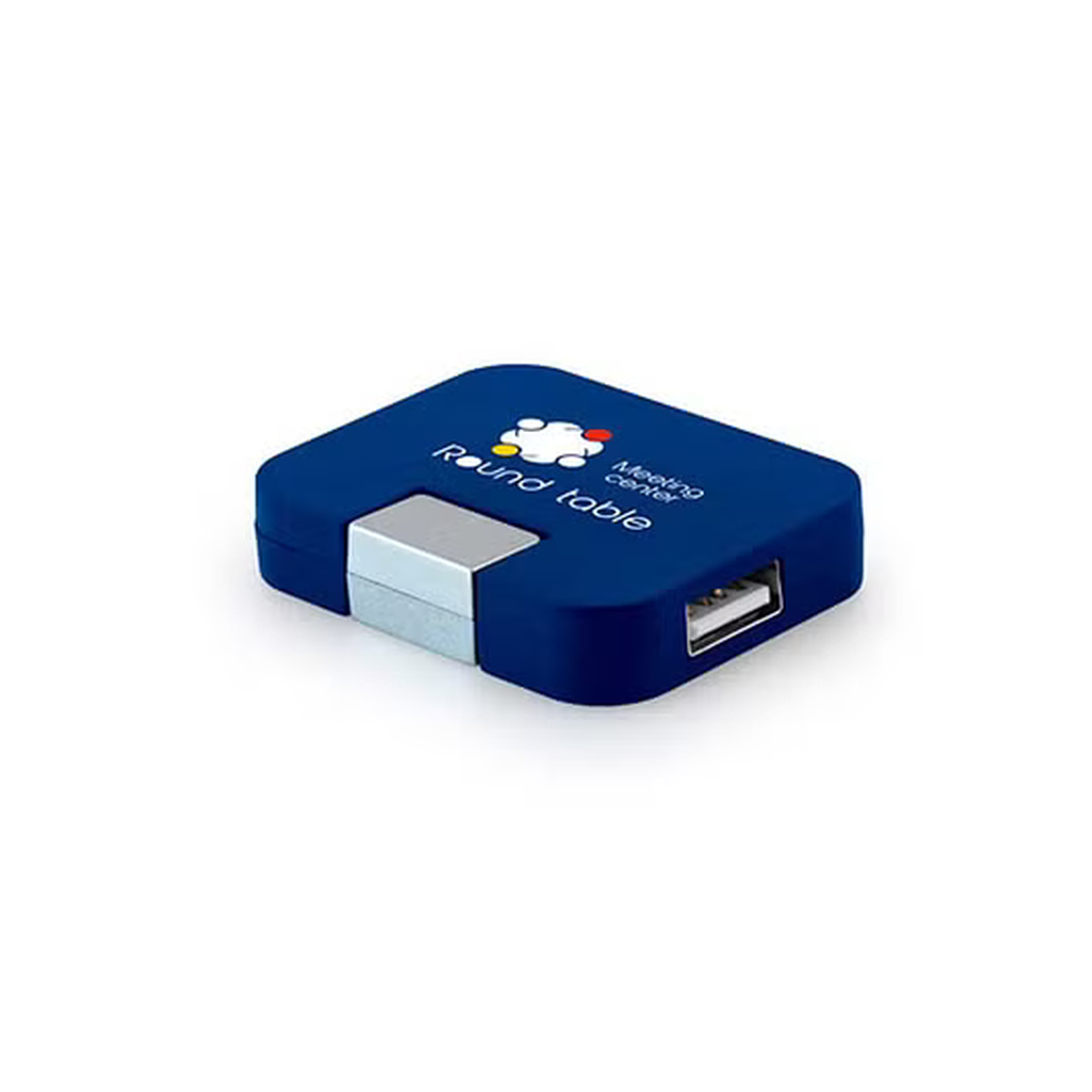 Hub USB azul personalizado com logo, uma alternativa tecnológica de brindes para contadores que traz praticidade e inovação.