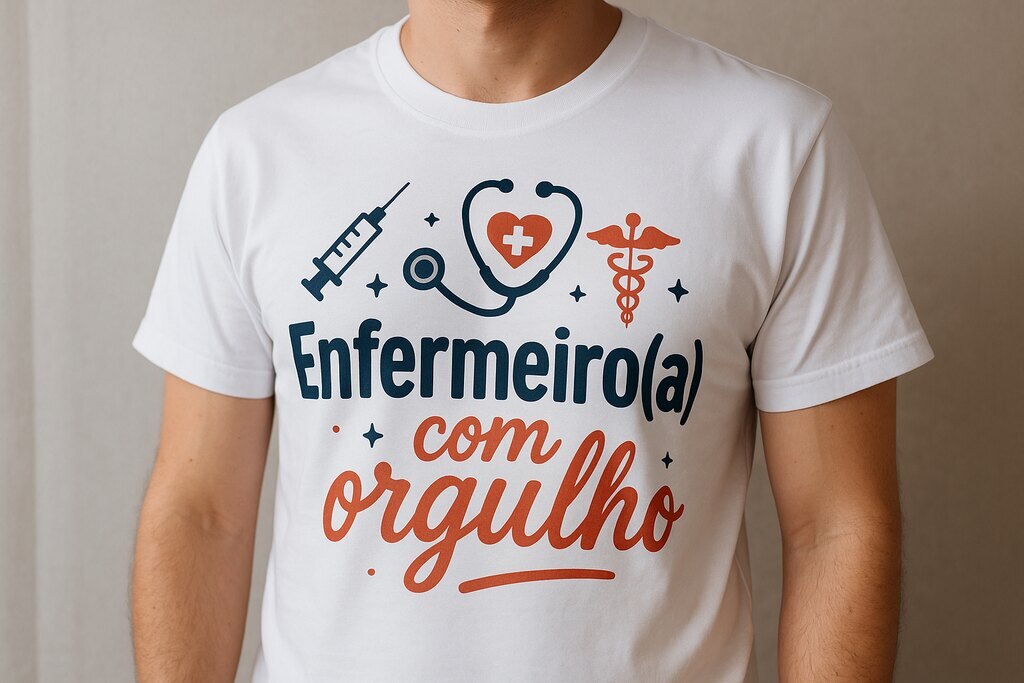 Camiseta branca personalizada com a frase “Enfermeiro(a) com orgulho”, acompanhada de símbolos como estetoscópio e caduceu, representando brindes para enfermagem que valorizam a profissão.