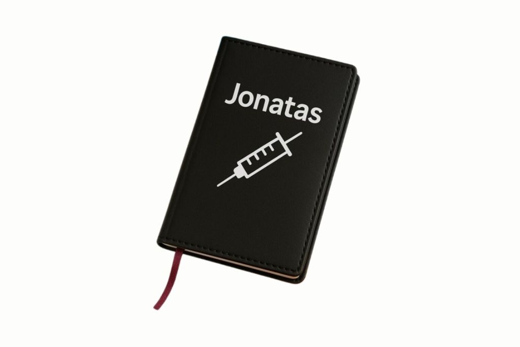 Agenda de bolso preta personalizada com o nome Jonatas e símbolo de seringa, mostrando como brindes para enfermagem podem unir funcionalidade e identidade profissional.