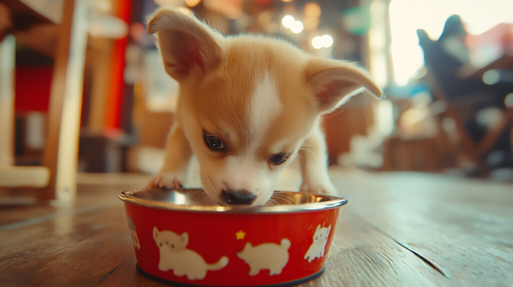 cachorro usando comedouro, uma das ideias de brindes para pets