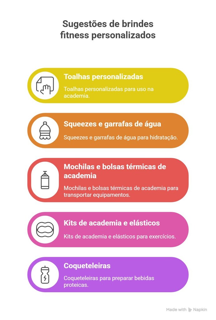 Infográfico colorido apresenta sugestões de brindes fitness personalizados, como toalhas, squeezes, mochilas, elásticos e coqueteleiras. Com ícones e descrições visuais, destaca opções práticas e atrativas para promover marcas no universo esportivo, incentivando hábitos saudáveis com estilo e funcionalidade.