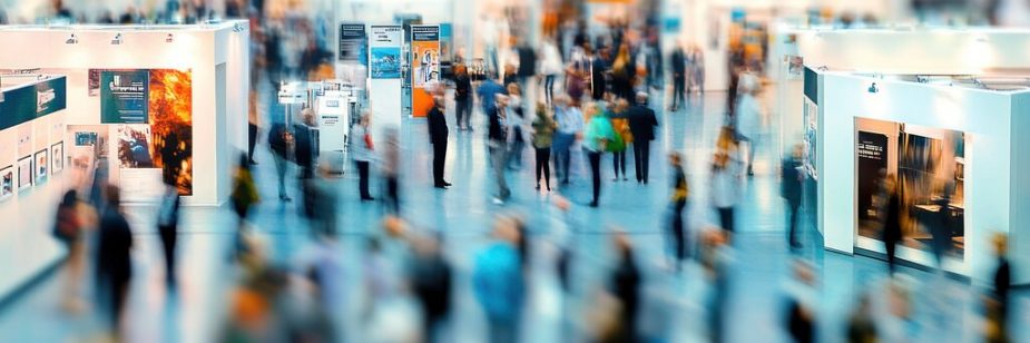 Vista aérea de um grande saguão de feira de eventos ou convenção corporativa. A imagem utiliza um efeito de desfoque de movimento, mostrando diversas pessoas circulando entre estandes brancos e modernos. Transmite a sensação de um ambiente dinâmico, movimentado e cheio de interações.