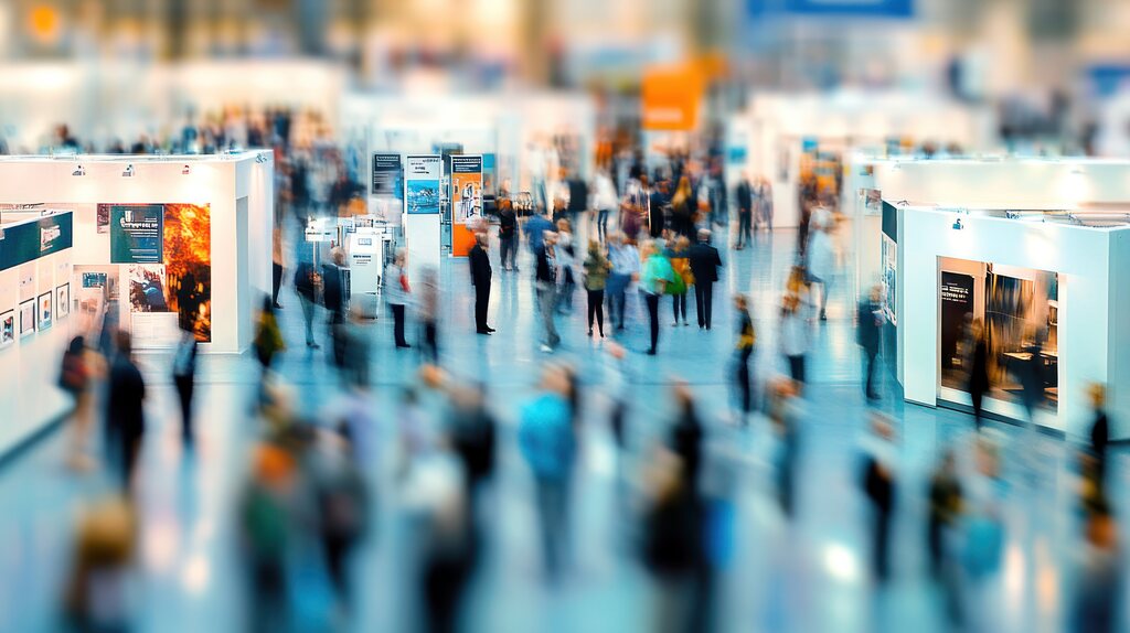 Vista aérea de um grande saguão de feira de eventos ou convenção corporativa. A imagem utiliza um efeito de desfoque de movimento, mostrando diversas pessoas circulando entre estandes brancos e modernos. Transmite a sensação de um ambiente dinâmico, movimentado e cheio de interações.