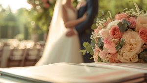 Buquê de noiva com rosas cor-de-rosa e salmão em foco, com casal de noivos abraçados desfocados ao fundo durante recepção de casamento.