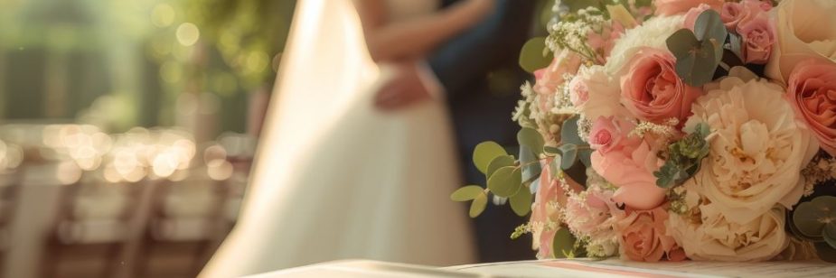 Buquê de noiva com rosas cor-de-rosa e salmão em foco, com casal de noivos abraçados desfocados ao fundo durante recepção de casamento.