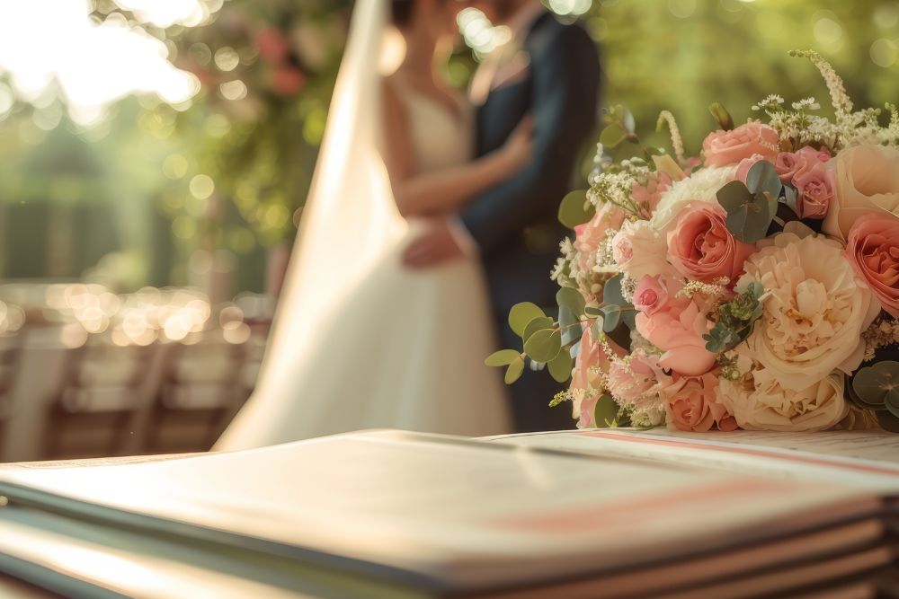 Buquê de noiva com rosas cor-de-rosa e salmão em foco, com casal de noivos abraçados desfocados ao fundo durante recepção de casamento.