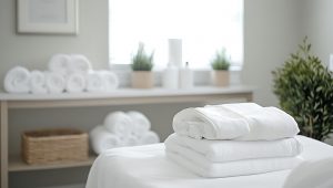 Uma pilha de toalhas brancas de alta qualidade, dobradas com perfeição e colocadas em primeiro plano sobre uma superfície limpa. Ao fundo, um ambiente de spa ou clínica de estética decorado em tons neutros, com outras toalhas enroladas em prateleiras, pequenos vasos de plantas e uma iluminação suave que transmite uma sensação de higiene e relaxamento.