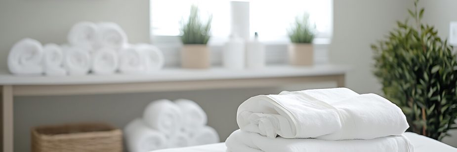 Uma pilha de toalhas brancas de alta qualidade, dobradas com perfeição e colocadas em primeiro plano sobre uma superfície limpa. Ao fundo, um ambiente de spa ou clínica de estética decorado em tons neutros, com outras toalhas enroladas em prateleiras, pequenos vasos de plantas e uma iluminação suave que transmite uma sensação de higiene e relaxamento.