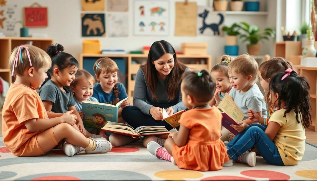 Professora sentada no chão lendo histórias para um grupo de crianças pequenas em sala de aula colorida, todas sorrindo e segurando livros.