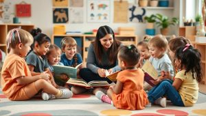 Professora sentada no chão lendo histórias para um grupo de crianças pequenas em sala de aula colorida, todas sorrindo e segurando livros.