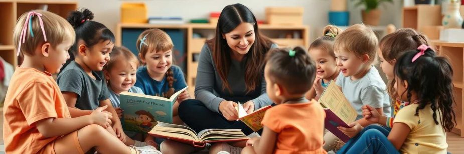 Professora sentada no chão lendo histórias para um grupo de crianças pequenas em sala de aula colorida, todas sorrindo e segurando livros.