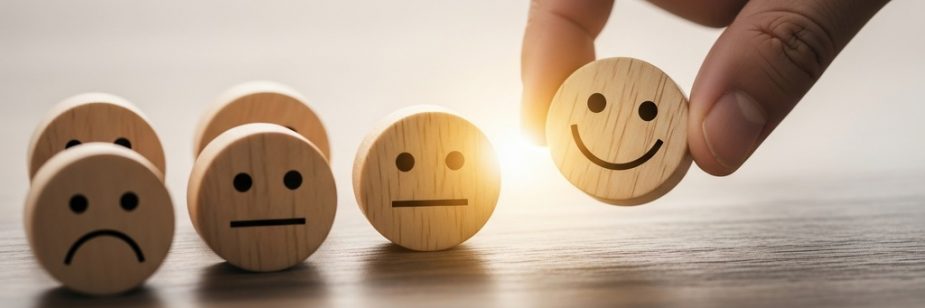 Mão escolhendo um bloco de madeira com rosto sorridente entre rostos tristes e neutros, simbolizando a jornada de satisfação do cliente