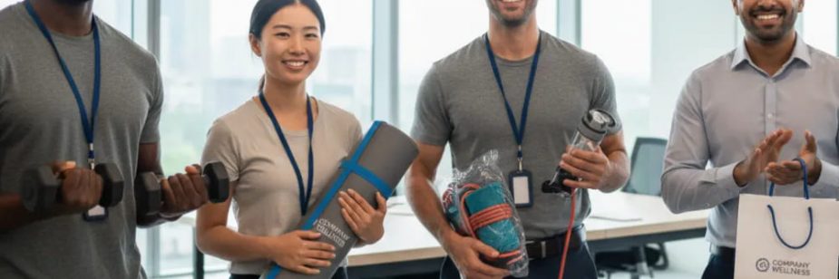 Grupo de pessoas sorridentes em ambiente de escritório, com lembrancinhas fitness como corda, tapete de yoga e halteres