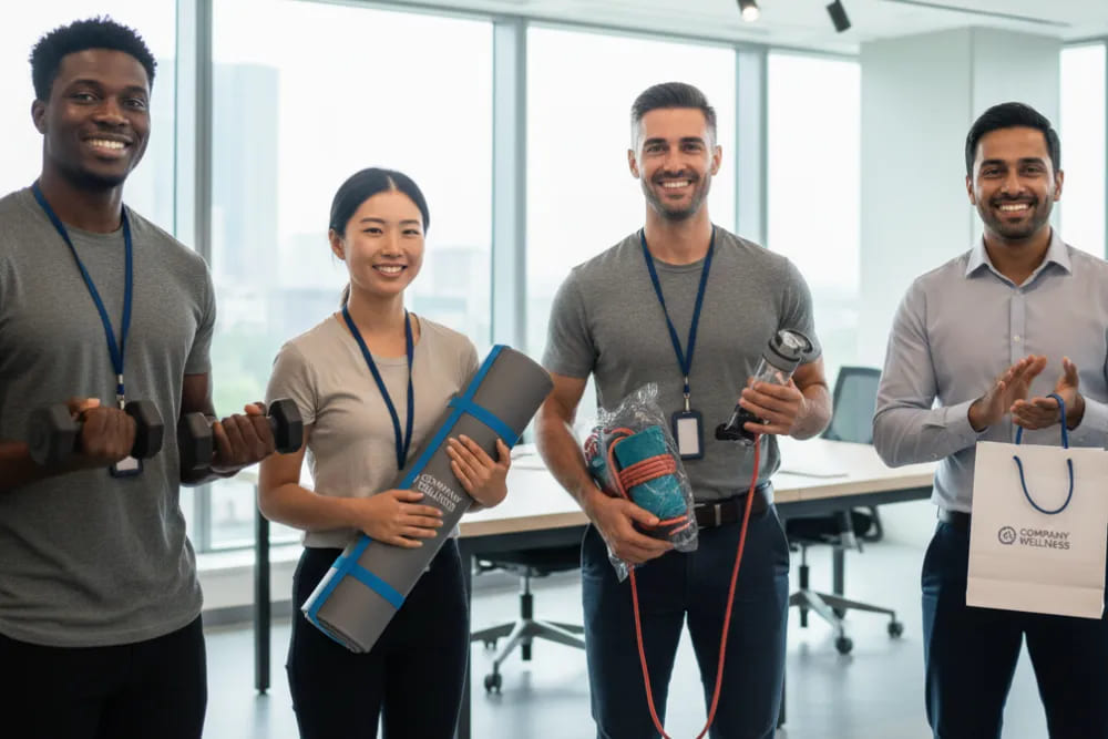 Grupo de pessoas sorridentes em ambiente de escritório, com lembrancinhas fitness como corda, tapete de yoga e halteres