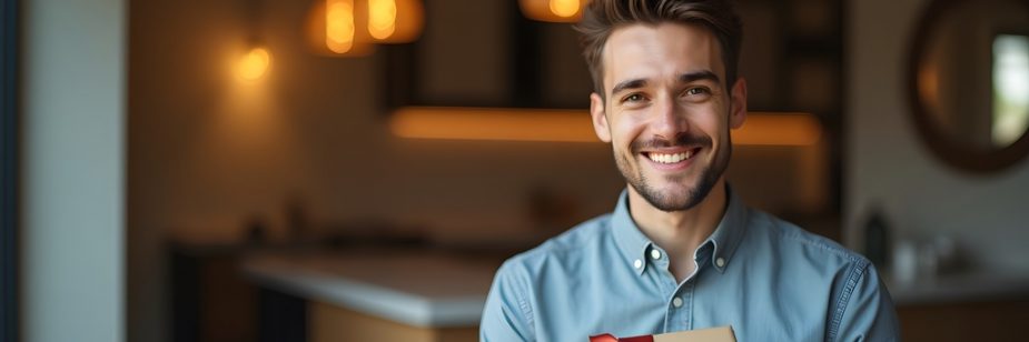 Homem sorrindo enquanto segura uma caixa de presente com laço vermelho em um ambiente doméstico aconchegante.