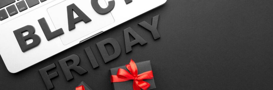 Teclado com letras formando “Black Friday” e presentes com laços vermelhos ilustrando brindes para Black Friday.