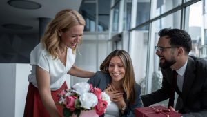 Três colegas de trabalho em um ambiente de escritório moderno celebram um momento especial. Uma mulher ao centro parece emocionada e surpresa ao receber um arranjo de flores e uma caixa de presente elegante de seus colegas. A cena transmite gratidão e o impacto emocional de brindes de luxo personalizados.