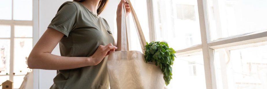 Sacolas ecológicas reutilizáveis sendo usadas para transportar compras do dia a dia.