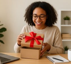 profissional abrindo caixa com brindes para home office