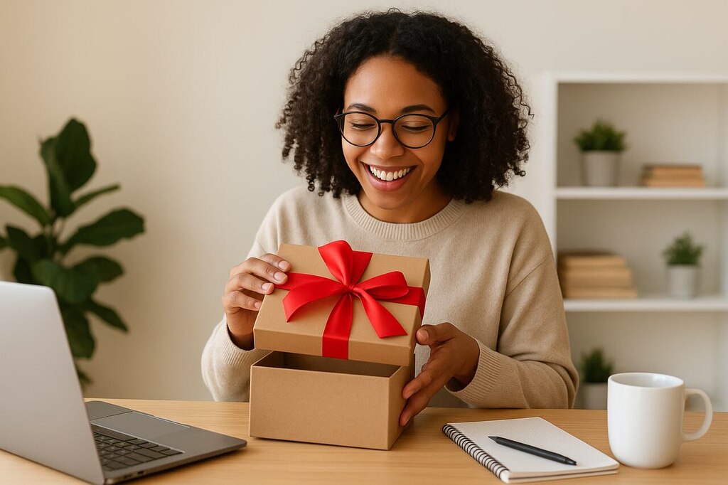 profissional abrindo caixa com brindes para home office
