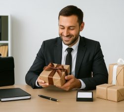 advogado abrindo pacotes com brindes para escritório de advocacia
