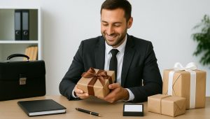 advogado abrindo pacotes com brindes para escritório de advocacia