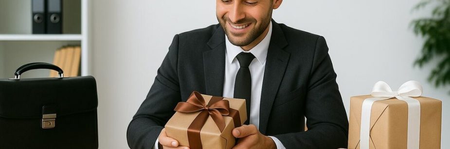 advogado abrindo pacotes com brindes para escritório de advocacia