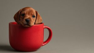 filhote de cachorro dentro de caneca vermelha, representando as melhores ideias de brindes para pets