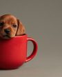 filhote de cachorro dentro de caneca vermelha, representando as melhores ideias de brindes para pets