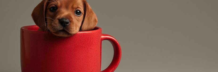 filhote de cachorro dentro de caneca vermelha, representando as melhores ideias de brindes para pets