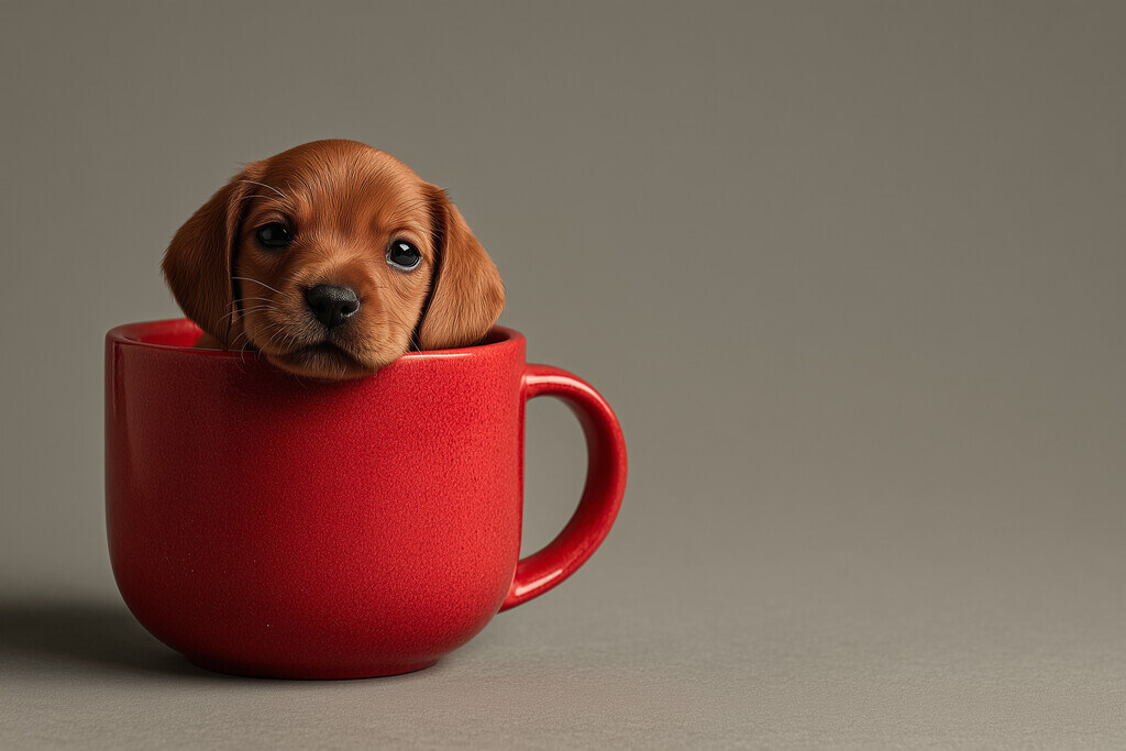 filhote de cachorro dentro de caneca vermelha, representando as melhores ideias de brindes para pets