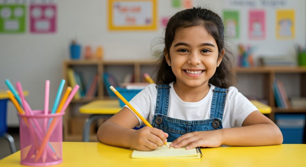 Close-up de uma menina sorridente sentada em uma mesa amarela de sala de aula. Ela segura um lápis amarelo e escreve em um caderno. Em primeiro plano, há um porta-lápis rosa com vários lápis coloridos. O ambiente ao fundo é colorido e decorado com elementos educativos.