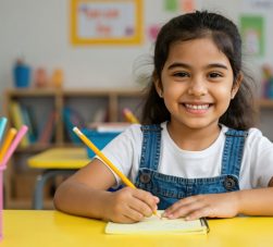 Close-up de uma menina sorridente sentada em uma mesa amarela de sala de aula. Ela segura um lápis amarelo e escreve em um caderno. Em primeiro plano, há um porta-lápis rosa com vários lápis coloridos. O ambiente ao fundo é colorido e decorado com elementos educativos.