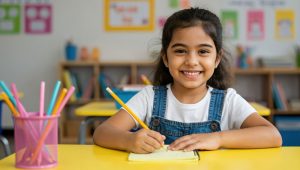 Close-up de uma menina sorridente sentada em uma mesa amarela de sala de aula. Ela segura um l&aacute;pis amarelo e escreve em um caderno. Em primeiro plano, h&aacute; um porta-l&aacute;pis rosa com v&aacute;rios l&aacute;pis coloridos. O ambiente ao fundo &eacute; colorido e decorado com elementos educativos.