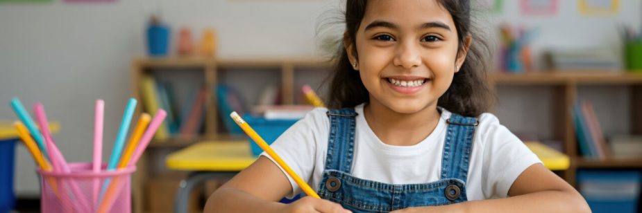 Close-up de uma menina sorridente sentada em uma mesa amarela de sala de aula. Ela segura um lápis amarelo e escreve em um caderno. Em primeiro plano, há um porta-lápis rosa com vários lápis coloridos. O ambiente ao fundo é colorido e decorado com elementos educativos.